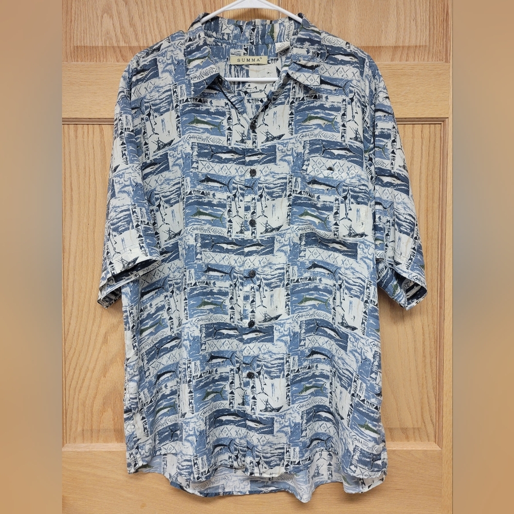 Vintage Summa 100% Silk Mens Button Up Shirt With Fish Print / Design Size Large